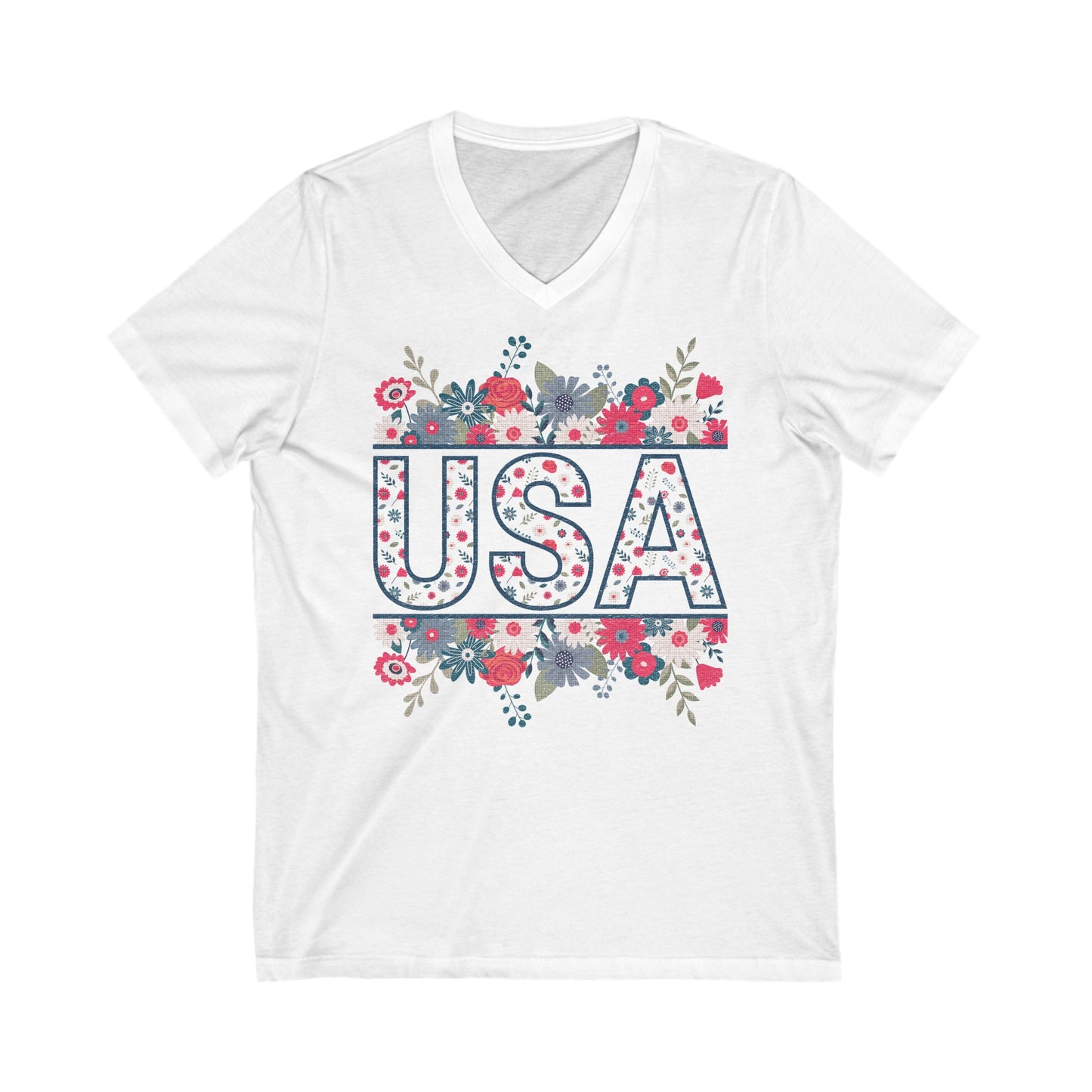 USA Floral - Unisex Jersey Short Sleeve V-Neck Tee