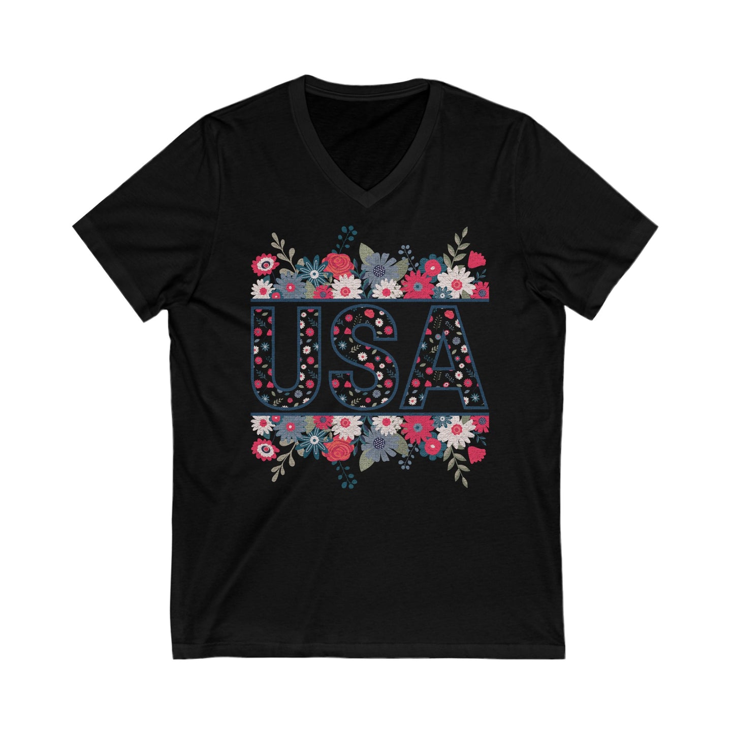 USA Floral - Unisex Jersey Short Sleeve V-Neck Tee