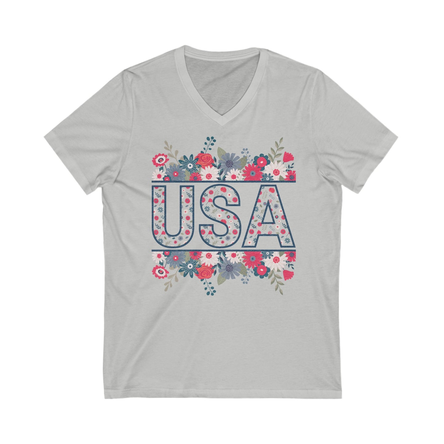 USA Floral - Unisex Jersey Short Sleeve V-Neck Tee