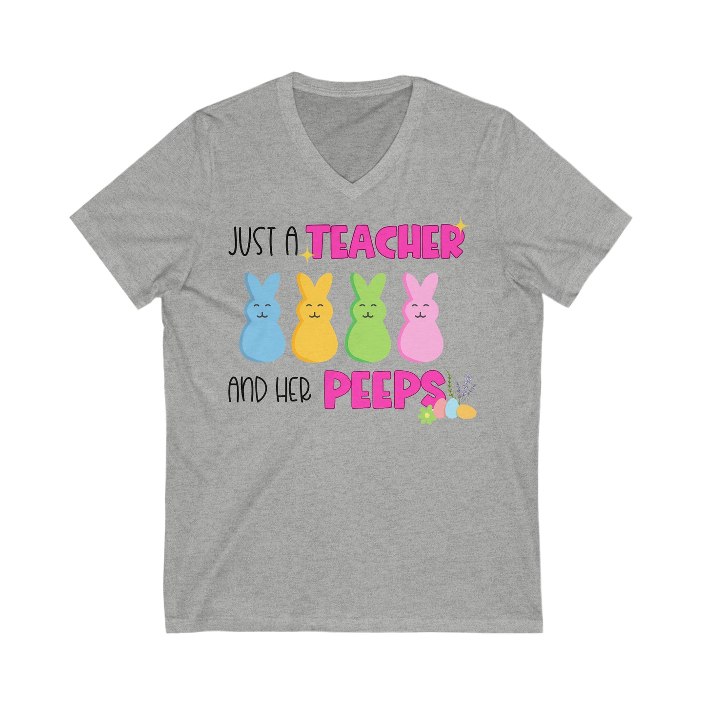 Just a Teacher and Her Peeps - Unisex Jersey Short Sleeve V-Neck Tee