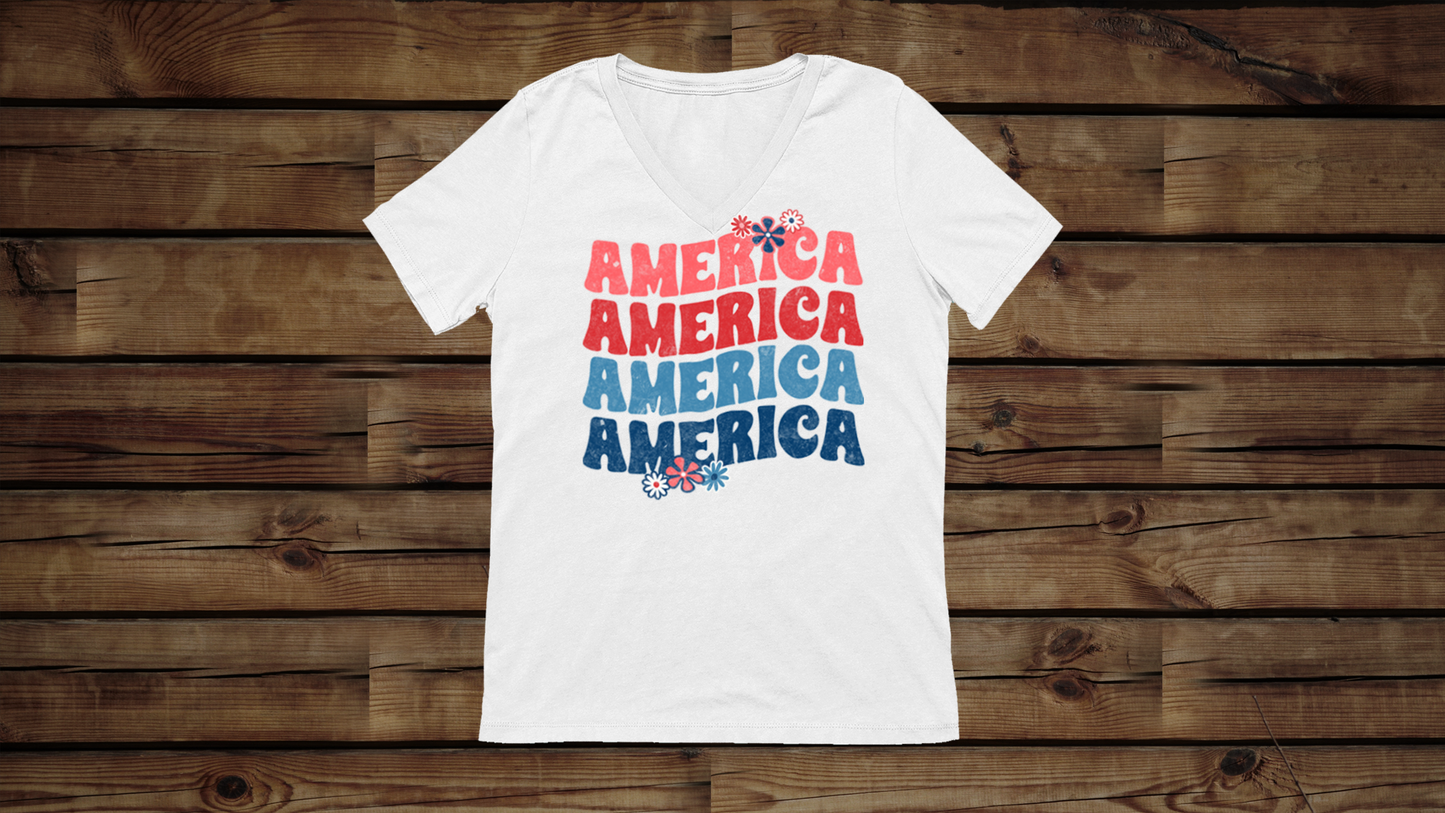 America Floral - Unisex Jersey Short Sleeve V-Neck Tee