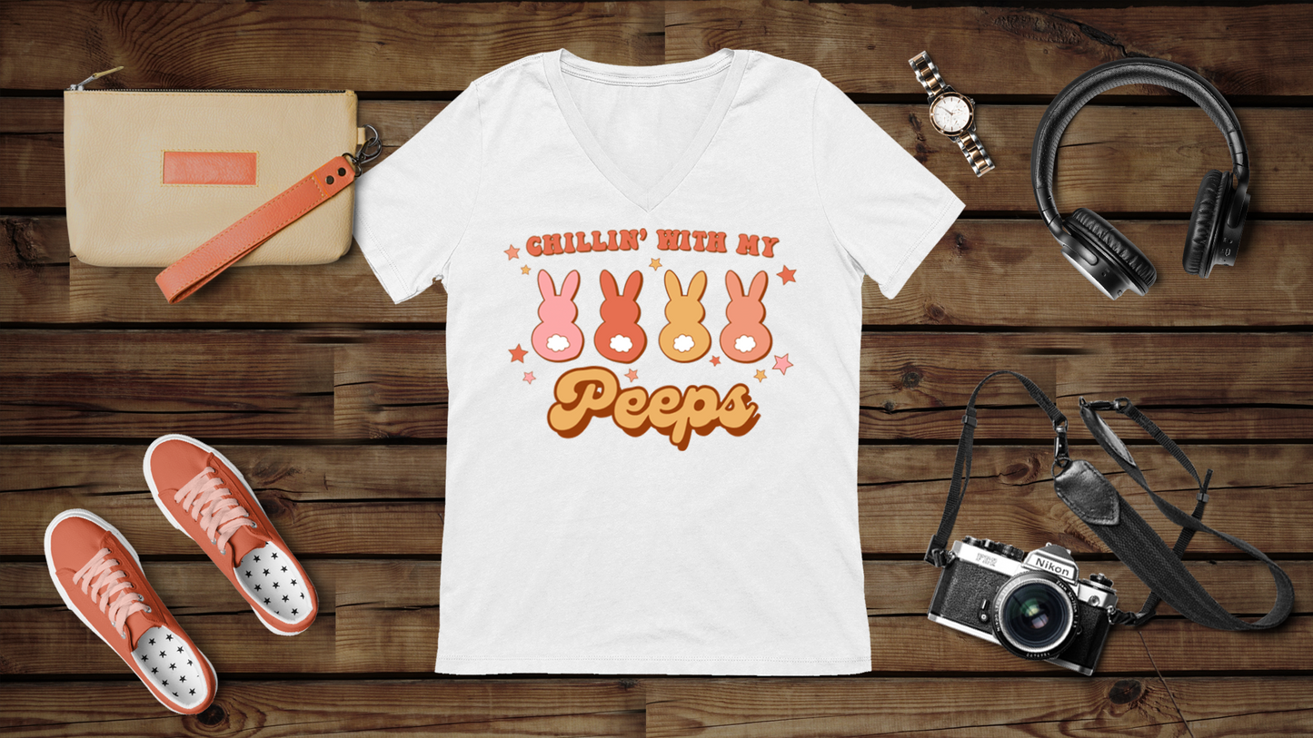 Chillin’ with my Peeps Retro Style - Unisex Jersey Short Sleeve V-Neck Tee