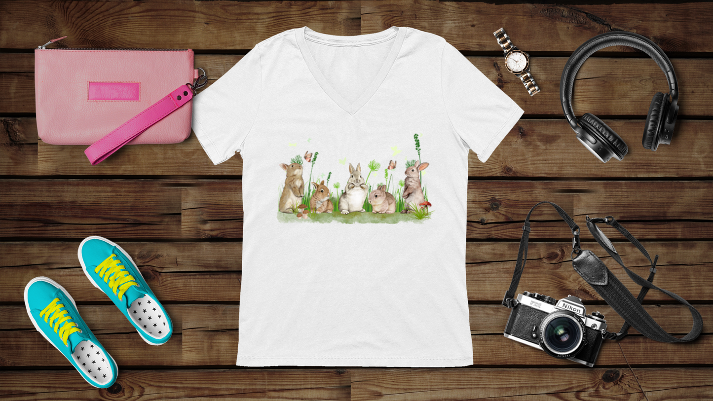 Spring Bunnies - Unisex Jersey Short Sleeve V-Neck Tee