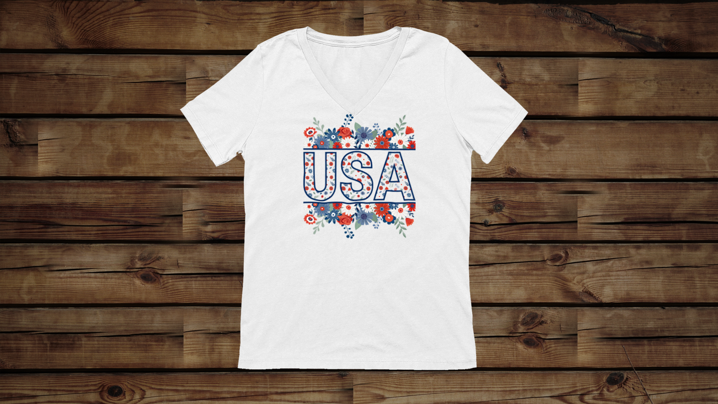 USA Floral - Unisex Jersey Short Sleeve V-Neck Tee